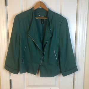 White House Black Market Moto Jacket Womens Size 12 Teal Green Quiet Luxury Chic